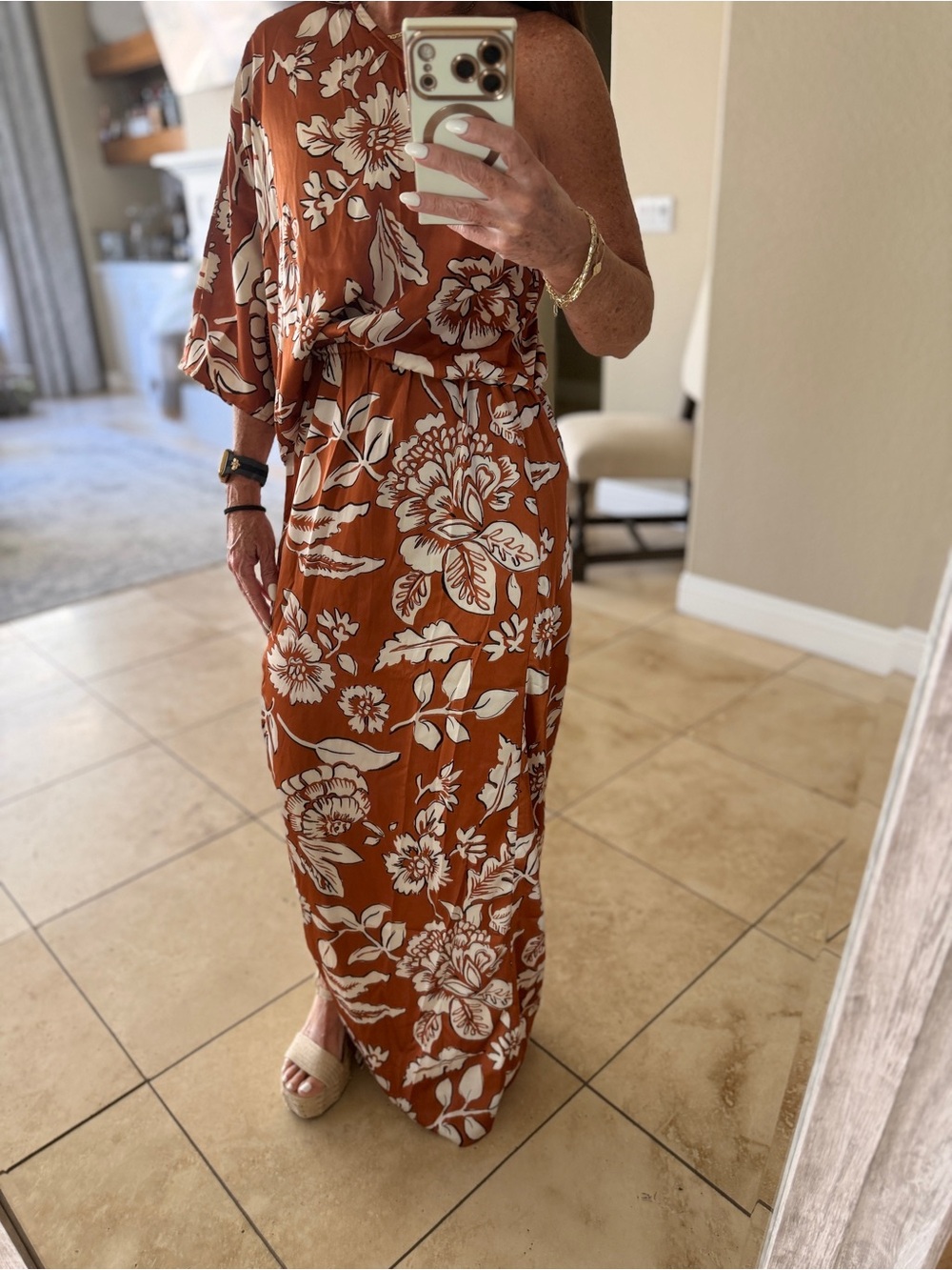 Rust Floral Maxi Dress with Side Slit and Relaxed Fit - Picture 7 of 13